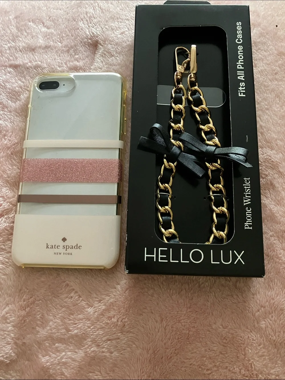 kate spade White and Pink Glitter Stripe iPhone Case with Rose Gold Accents